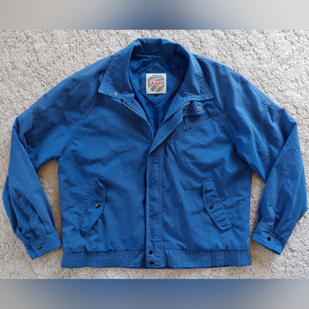 Vintage S.N.A.F.U. Bomber Jacket Blue Zip Up Snaps Korea Size Large